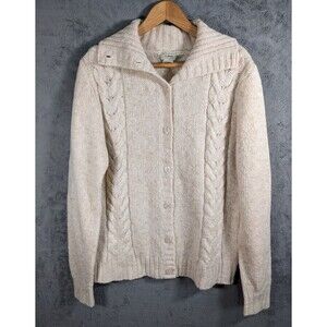 LL Bean Cable Knit Wool Blend Button Cardigan Sweater Women's Size L 0BHJ2 Cream